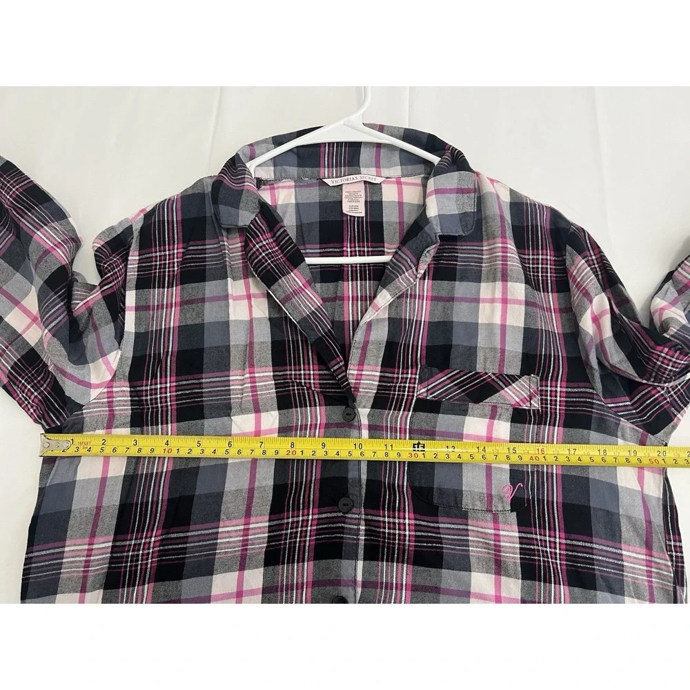 Victorias Secret 2PC Flannel Plaid Long Sleeve ButtonUp Shirt Pants Pink Black S